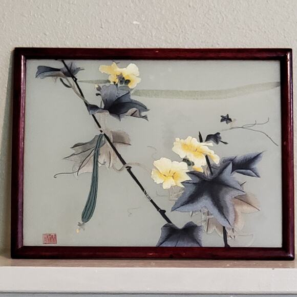 Chinese Silk Screen Embroidery Glass Inlaid Table Screen 16x12 Inch Framed - Picture 5 of 5